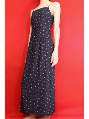 Vintage Navy Floral Spaghetti Strap Fitted Maxi Dress w/ Slits, Size 3/4